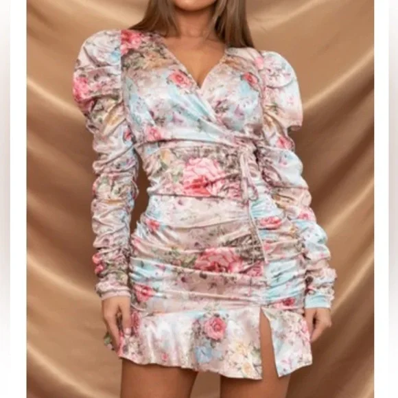 Floral Puff Sleeve Wrap Dress - Picture 1 of 3